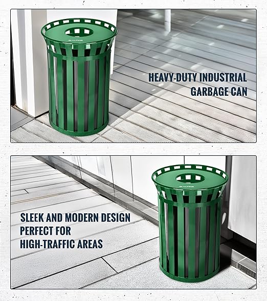 Alpine Commercial Outdoor Trash Can - 38 Gallon Heavy Duty Green Recycle Garbage Can with Liner, Open Top Lid, All Weather Resistant Large Outside Trash Can for Parks, Parking, School