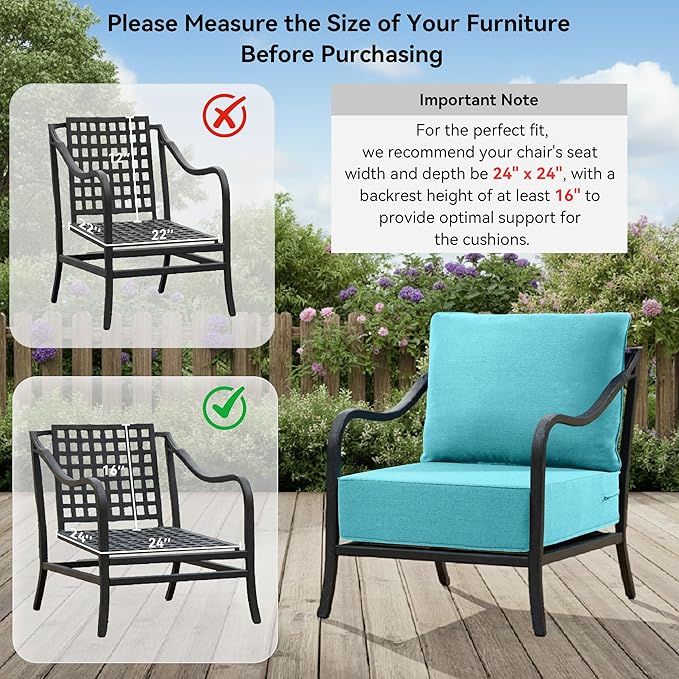 6" Thick Outdoor Cushions 24x24x6, 3-Set Deep Seat Patio Cushions with Removable Cover, Waterproof & Fade Resistant Replacement for Wicker Chair, Loveseat, Sofa - Teal
