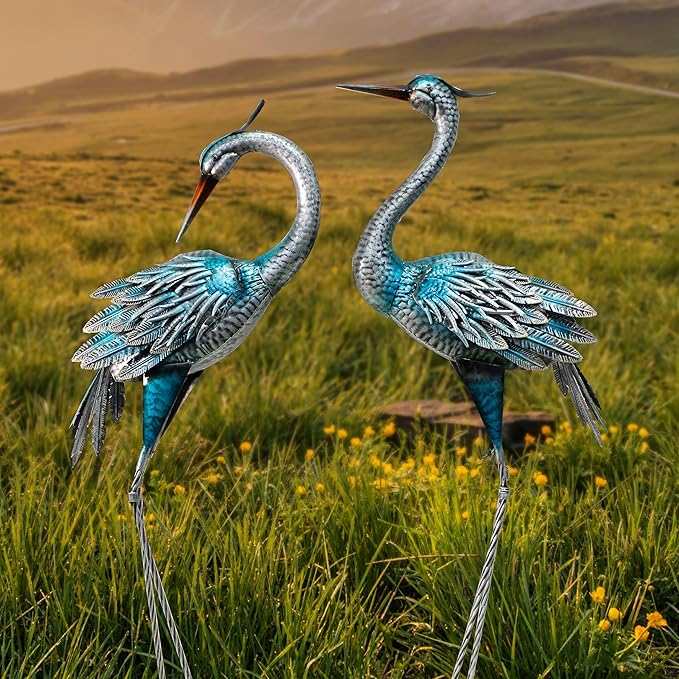 Oritty Outdoor Crane Garden Statues, Blue Heron Garden Statues, Large Metal Cranes for Yard, Lawn, Patio, Pond