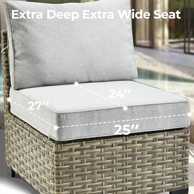 HOOOWOOO Outdoor Sectional Patio Furniture Set with Fire Pit Table,9 Pieces Wicker Conversation Sets,Extra Deep Out Door Sofa Outside Furniture Couch Swivel Chairs Ottoman,Light Gray