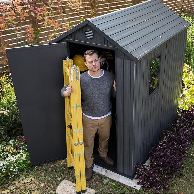Keter Darwin 4x6 Feet Outdoor Storage Shed, Graphite Gray – Lockable Resin Organizer Unit with Single Door, Window, and Skylight for Backyard, Garden, or Lawn Organization