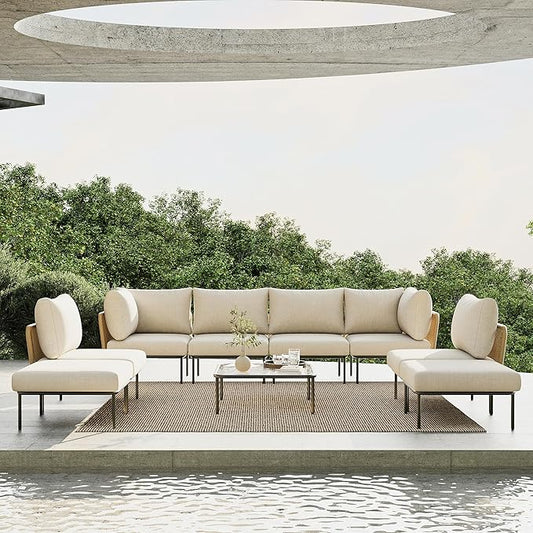 9 Piece Modern Outdoor Rope Wicker Sectional Patio L-Shaped Conversation Sofa Set Deep Seating with Thick Cushions