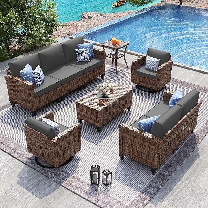 UDPATIO Patio Furniture Set, 6 Pieces Outdoor Conversation Sets with Rocking Swivel Chairs, Wicker Rattan Outdoor Sofa Set with Storage Table and Waterproof Covers for Backyard, Deck, Porch, Grey
