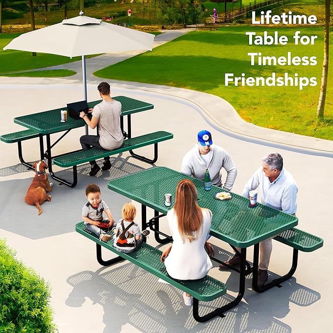 OUTTANS Commercial Heavy-Duty Metal Picnic Table - ADA Compliant, Adjustable Seats, Umbrella Hole, Expanded Metal (Green, 6' Rectangular)
