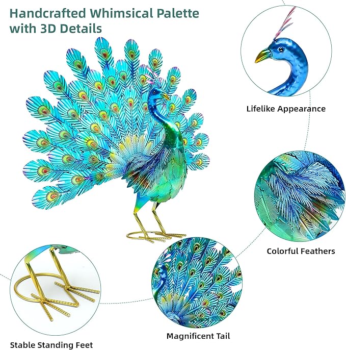 Ultym 27.5in Tall Metal Peacock Garden Statue - Handmade, 3D Textured, Tail Spread Sculptures for Patio, Garden or Entryway.