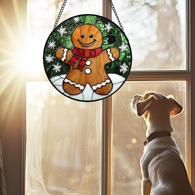 CRISGIF Stained Glass Window Hanging Cute Christmas Gingerbread Man Snowflake Large 11.8" - Suncatcher Door Garden Sun Catcher Home Decor Birthday for Mom Men Woman Nana Friend