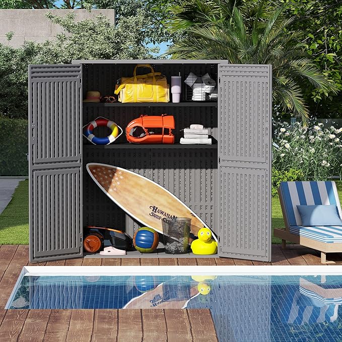 Vertical Resin Storage Shed, 60 Cuft Garden Tool Sheds & Outdoor Storage, Plastic Outdoor Storage Cabinet Waterproof, 4.5 x 2.3 ft Backyard Outside Lawn Mower Storage Shed, Grey