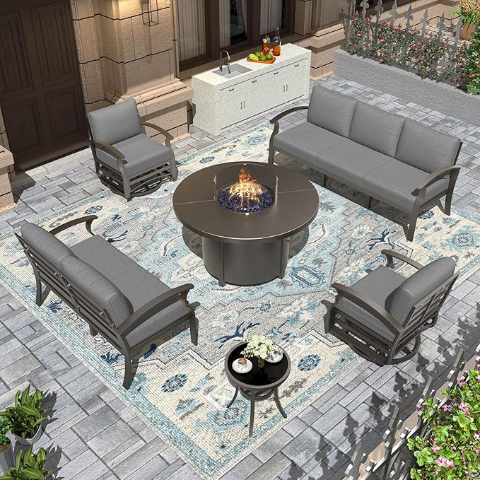 Aluminum Patio Furniture Set with Round Fire Pit Table, 7 Seats Outdoor Conversation Sets Modern Metal Patio Sectional Sofa with Upgrade Cushions for Patio, Backyard Grey