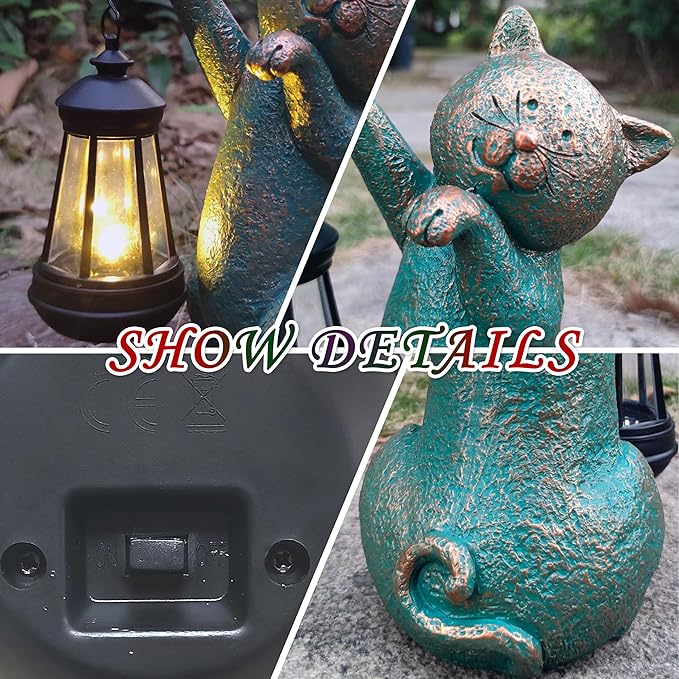 RCTTICUU Cat Garden Statue Outdoor Décor with Solar Lights Lantern,Cat Solar Light Figurines Outside Decorations for Yard，Lawn Patio, Balcony, Unique Housewarming Gifts