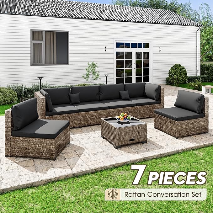 7 Piece Patio Sectional Furniture Set Outdoor Furniture Patio Conversation Sets & Patio Sectional - Hand-Woven Wicker Outdoor Sectional Black Cushions Glass Table