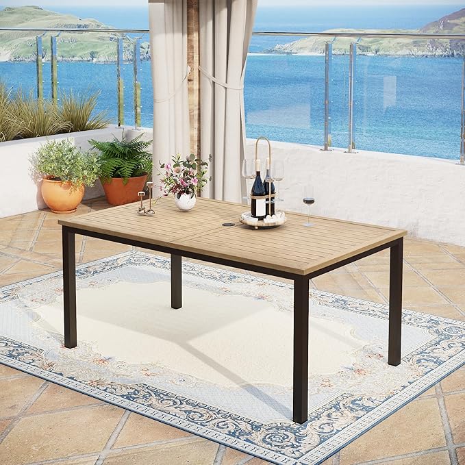 MFSTUDIO Outdoor Patio Dining Table for 6, Rectangle Metal Patio Table 64"x38" Wood-Like Tabletop with Adjustable Umbrella Hole for Deck,Backyard,Lawn,Garden