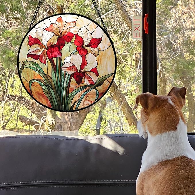 CRISGIF Stained Glass Window Hanging - Red Gladiolus Flower Suncatcher for Door Yard Sun Catchers Decor Christmas Mother's Day Birthday Gifts for Lovers Women Mom Nana Girlfriend Wife 9.8 in
