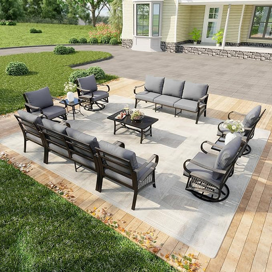 11-Piece Patio Conversation Sets, All Weather Metal Outdoor Furniture Set Includes 3-Seater 4 Swivel Rockers with 2 Side Tables 1 Loveseat with Coffee Table 2 Single Chairs for Backyard Porch, Gray
