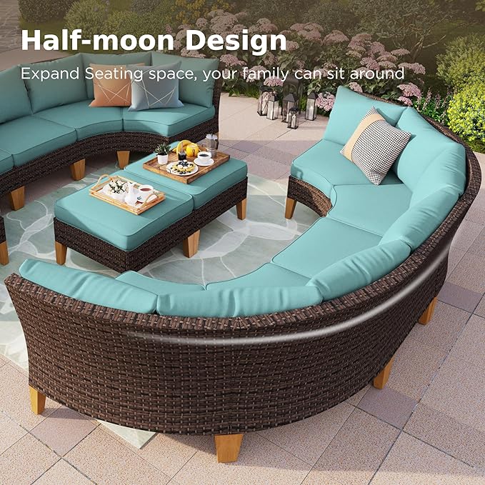 PHI VILLA 8-Piece Wicker Patio Furniture Set, Outdoor Half-Moon Curved Sectional Sofa with Cushions, 2 Ottomans, Large Conversation Seating for Garden or Backyard, Aqua Blue