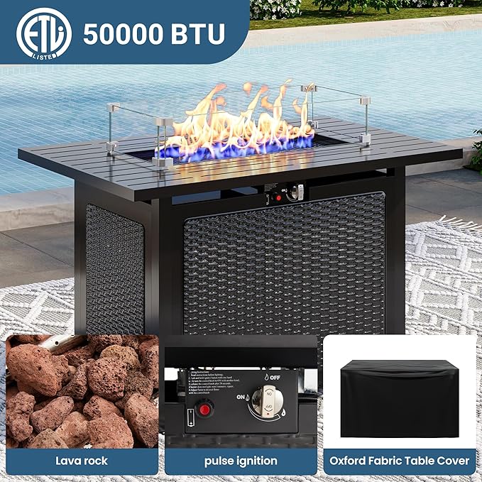 8 Pieces Outdoor Patio Furniture Set with 43" Fire Pit Table, Wicker Outdoor Patio Sectional Sofas with Cushions and Coffee Table, All-Weather Patio Conversation Set for Garden Backyard, Beige