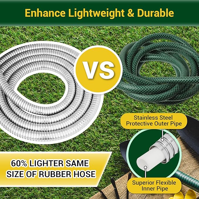 Garden Hose - Water Hose 100 FT with Swivel Handle & 8 Function Nozzle, Flexible, Heavy Duty, No Kink, Lightweight Metal Hose for Outdoor, Yard, 304 Stainless Steel
