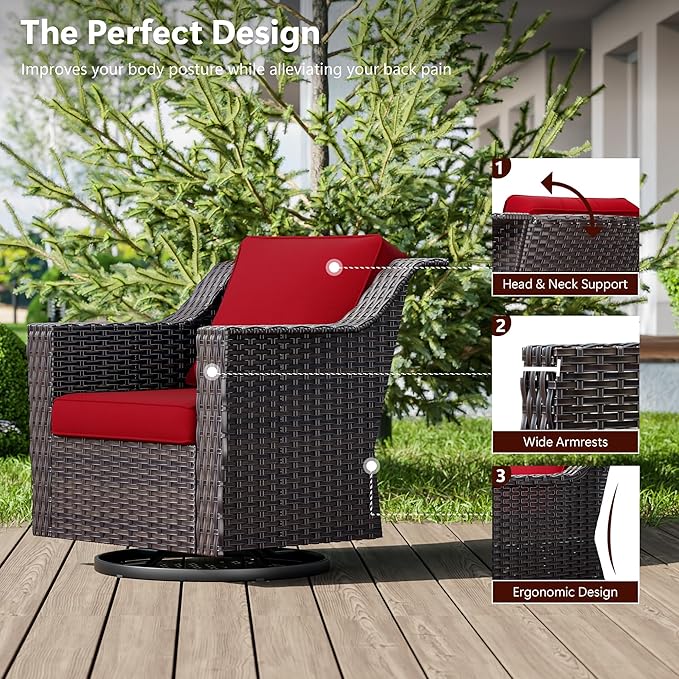 9 Pieces Wicker Patio Furniture, Luxury Outdoor Furniture with 2 Patio Swivel Chair, 2 Chair, 3-Seater Sofa, 2 Ottoman, 1 Coffee Table and 1 Side Table, Wide Armrest, Thickened Cushions