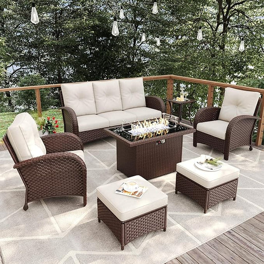 7 Pieces Patio Furniture Sets with Fire Pit Table, Wicker Rattan High Back Outdoor Armchairs Set with 3-Seat Couch, Ottomans and Side Table