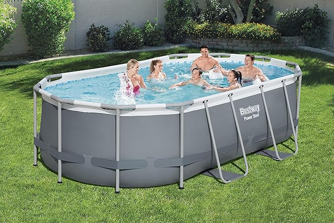 Bestway 56631E-BW Power Steel Oval Frame Above Ground Backyard Summer Swimming Pool Set with Filter Pump and Safety Ladder, 14' x 8' x 39" (Gray)