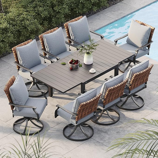 Grand patio 9-Piece Outdoor Dining Set, 8 Leather-Look Wicker Swivel Patio Chairs & 1 Extendable Rectangular Dining Table, Black
