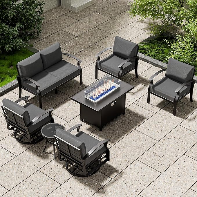Aluminum Patio Furniture Set with Fire Pit Table, 6 Seats Outdoor Patio Conversation Set with Swivel Chair Modern Metal Patio Sectional Sofa with Upgrade Cushions for Patio, Backyard Grey.