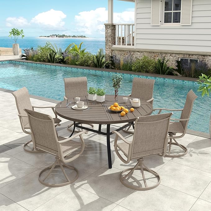 VICLLAX Round Patio Dining Table, 6 Person Metal Outdoor Dining Table with Umbrella Hole and Storage Shelf for Garden Lawn Deck, 50" Grey