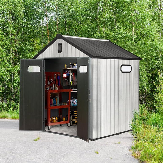 Domi 8x6 FT Outdoor Resin Storage Shed, All-Weather Double-Wall Storage Building for Backyard, Garden, Lawn Tools, Mower, Bike & Pool Equipment, Lockable Doors, Ventilated Roof, Grey
