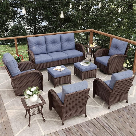 9 Pieces Patio Furniture Sets, Wicker Rattan High Back Outdoor Swivel Rocking Chairs Set with 3-Seat Couch, Ottomans and Side Table