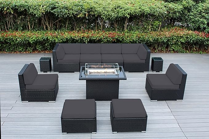 11 Piece Ohana Outdoor Patio Furniture Sunbrella Coal Black Wicker Conversation Set with Fully Assembled Sectional and 42-inch Propane Gas Fire Table