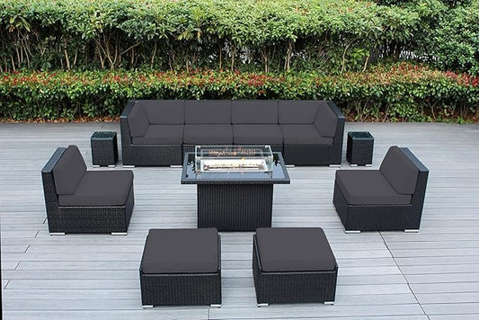 11 Piece Ohana Outdoor Patio Furniture Sunbrella Coal Black Wicker Conversation Set with Fully Assembled Sectional and 42-inch Propane Gas Fire Table