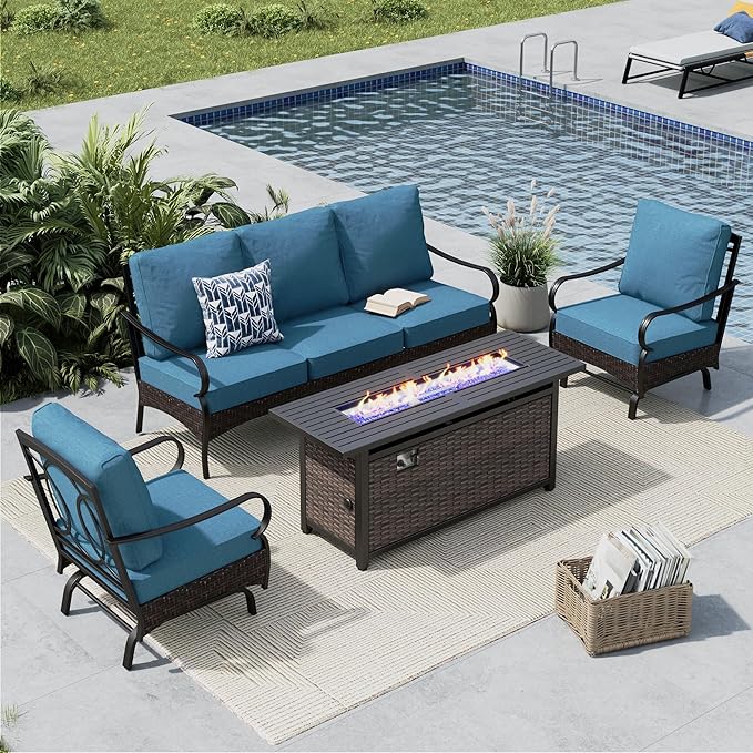 MFSTUDIO 4 Pieces Outdoor Patio Furniture Set, Metal Outdoor Conversation Set, Rattan Wicker Patio Sectional Set with 2 x Rocking Single Sofa, 3-Seat Sofa, 1 x Fire Pit Table, Navy Blue