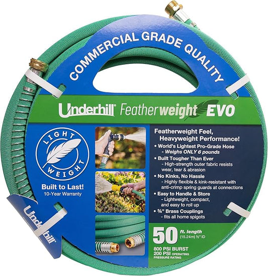 Featherweight EVO Lightweight Fabric Garden Water Hose for Outdoors, Yard, Kink-Resistant, Flexible, Weighs 5 Pounds, 200 PSI Working Pressure, 800 PSI Burst Pressure, 50 ft Long, Green