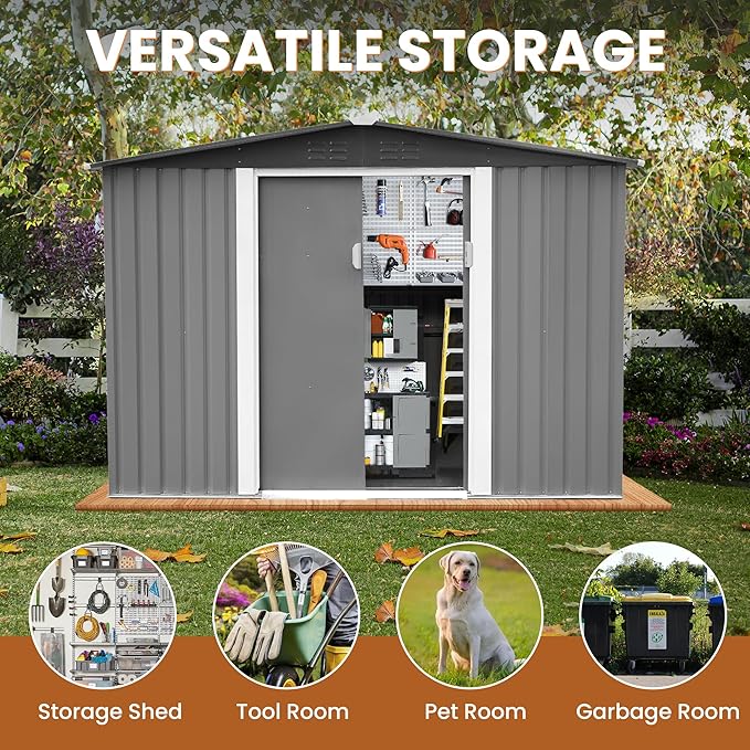 8x8 FT Metal Shed Garden Outdoor Storage Shed Updated Frame Structure with Lockable Sliding Door, Steel Anti-Corrosion Outside Sheds Waterproof for Backyard, Pool, Patio, Light Gray