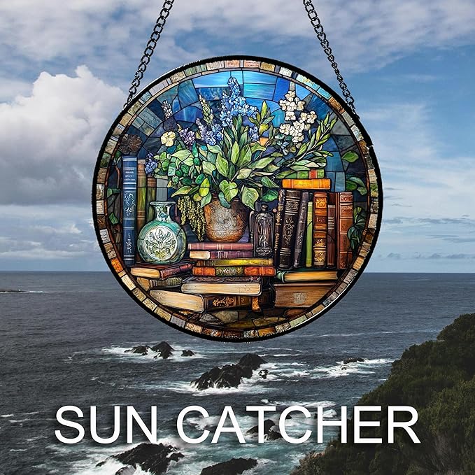 QZQCBLC Stained Glass Window Hanging Teal Flower Vintage Books 7.8" - Blue Suncatcher Door Garden Sun Catcher Home Decor Birthday Christmas for Mom Men Woman Nana Friend