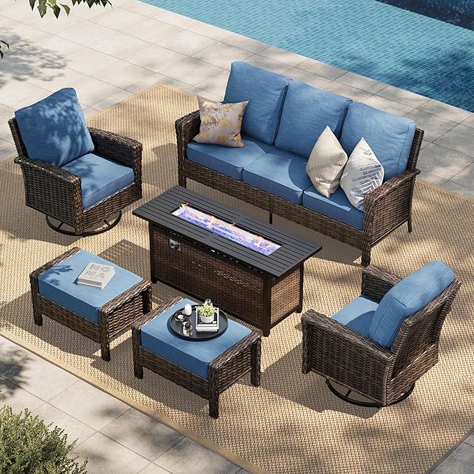 HERA'S HOUSE Wicker Patio Furniture Set, High Back Swivel Chairs with 5.5-Inch Thick Cushions, 6-Piece Outdoor Deep Seating Conversation Sets with Fire Pit Table & Ottomans for Deck Yard Garden, Blue
