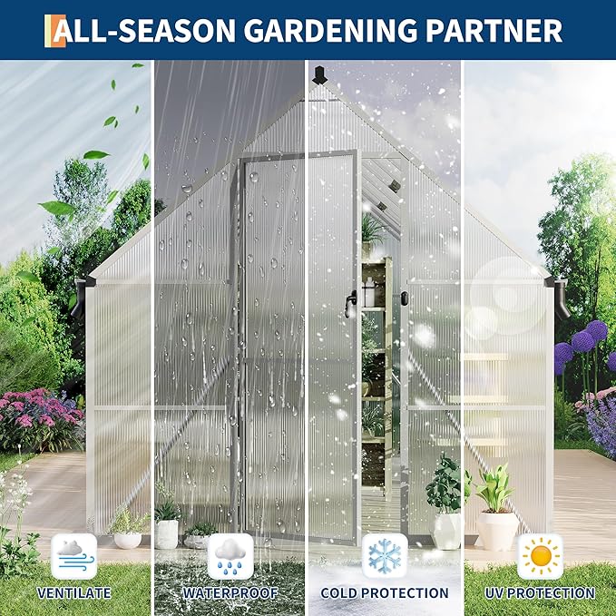 Polycarbonate Greenhouse for Outdoors, Large Walk-InGreenhouse with Quick Setup Structure and Roof Vent, Greenhouse with Ventilation