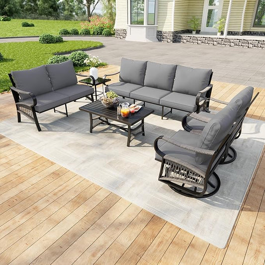 6 Pieces Patio Conversation Sets, Metal Outdoor Furniture Set Includes 3-Seater 2 Swivel Rockers with Side Table and Loveseat with Coffee Table for Backyard Garden Deck Porch Poolside, Gray