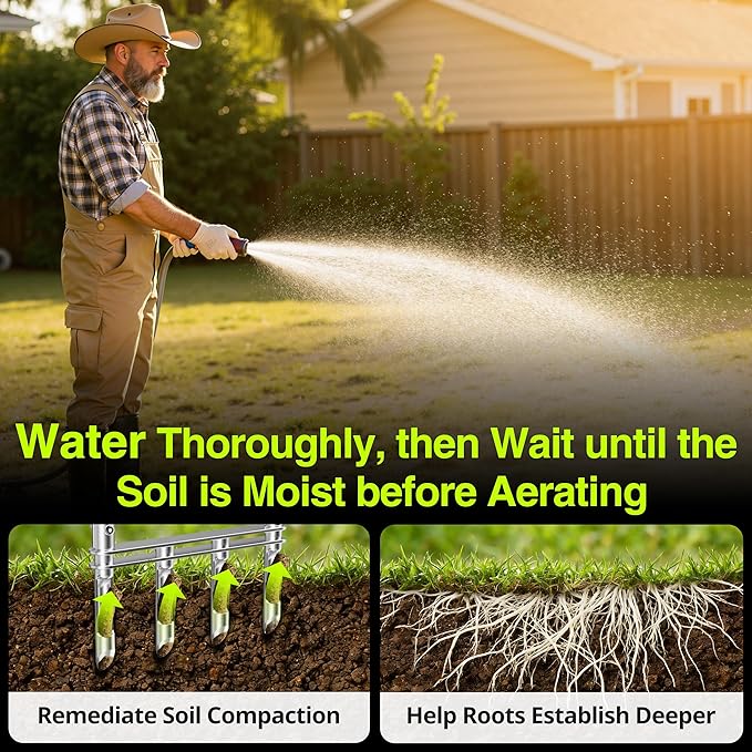Knee-Friendly Manual Lawn Aerator Tool – SUS304 Stainless Steel Core Aerator for Grass, Yard Aeration Tool with 4 Hollow Tines for Lawn Care and Compacted Soil,43.3"-48.5",Silver