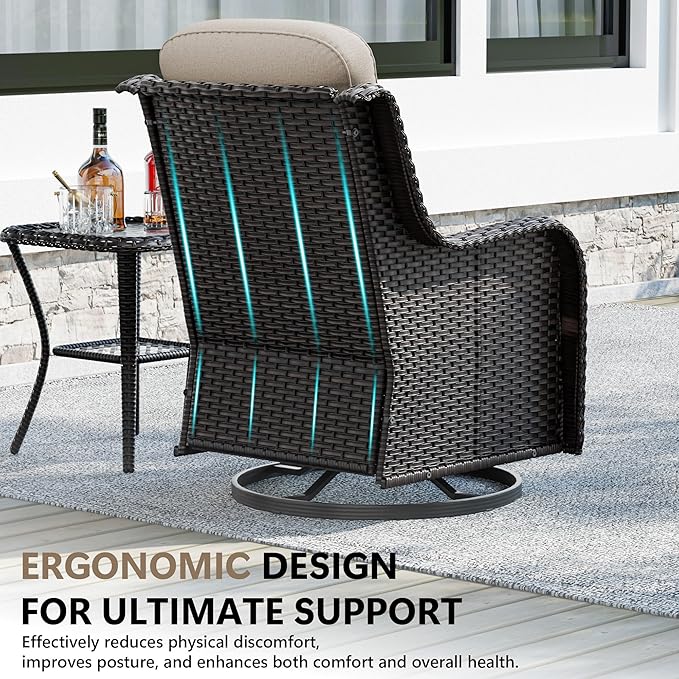 Patio Swivel Chairs Set of 2 and Side Table, Outdoor Swivel Rocker Patio Chairs with High Back and Thick Cushions, Wicker Patio Furniture Set for Porch, Deck Use (Beige, 3 PCS)
