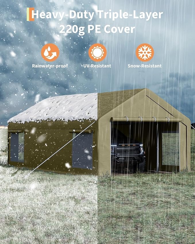 13x25 FT Carport,Heavy-Duty Carport with 4 Roll-Up Windows & Doors, Portable Garage 200g PE Tarp, Waterproof & UV Protected Outdoor Shelter for Car, Boat, Truck, Motorcycle
