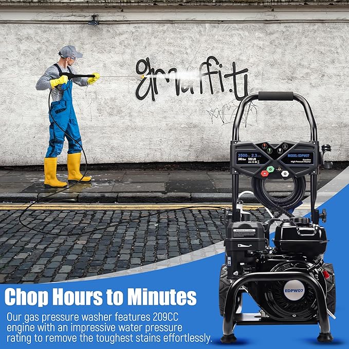 Ezasin 3500 PSI Gas Pressure Washer, 2.3 GPM – Heavy Duty High Power with 209CC 7HP Engine, 25Ft Pressure Hose, Axial Aluminum Pump, Soap Tank, 4 Quick Connect Nozzles (Black)