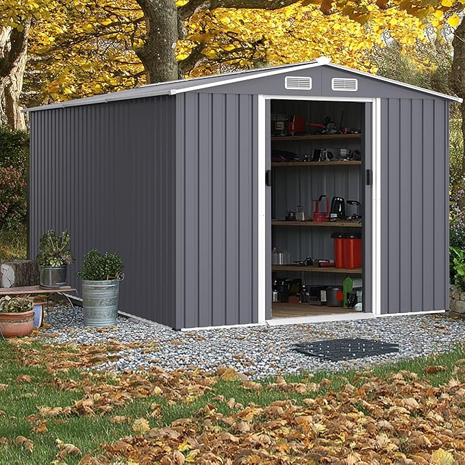 Outdoor Storage Shed 8 x 12 FT Large Metal Tool Sheds, Heavy Duty Storage House with Sliding Doors with Air Vent for Backyard Patio Lawn to Store Bikes, Tools, Lawnmowers Grey