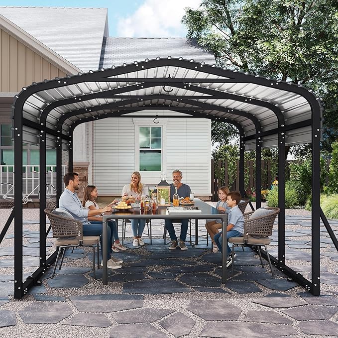 Heavy Duty Metal Carport Canopy, 10x15 FT Outdoor Car Port with Waterpoorf Metal Roof& Side Support Rods, Multi-Use Shelter Outdoor Garage for Car, Boats and Truck