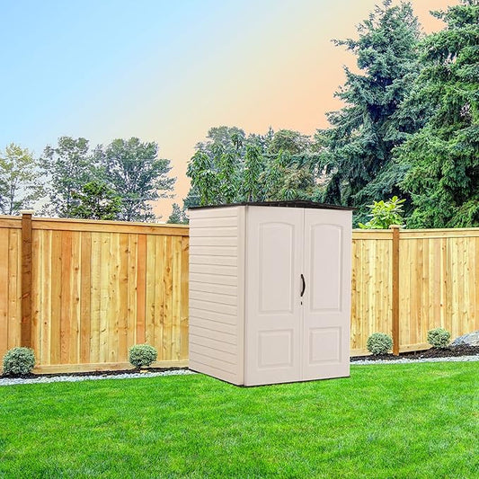 Rubbermaid Medium Vertical Resin Outdoor Storage Shed With Floor (4.3 x 4.6 Ft), Weather Resistant, Beige/Brown, Organization for Home/Backyard/Garden Tools/Lawn Mower/Bike Storage/Pool Supplies