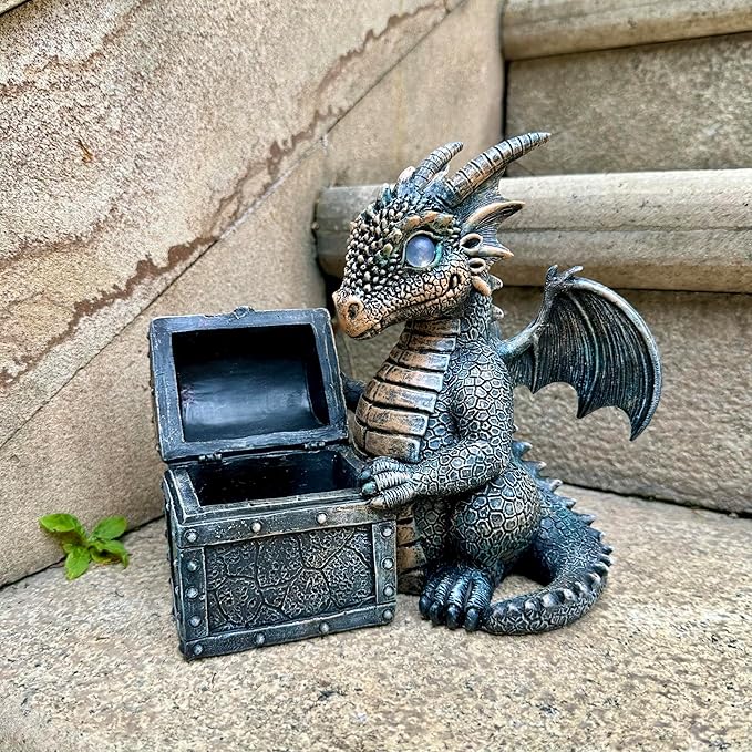 Jy.Cozy Garden Dragon Statue Solar Powered Outdoor Figurine Light Decor Cute and Hold Glowing Treasure Chest Resin Sculpture Home Decoration for Porch Patio Lawn Farm Yard Housewarming Ornament Gift