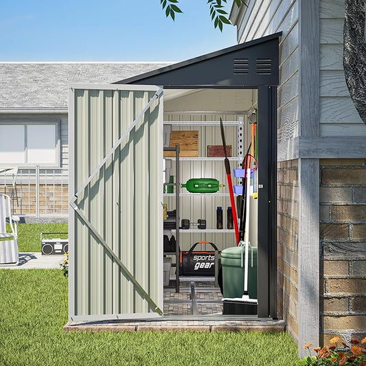 4x8 FT Lean to Metal Shed,Outdoor Storage Shed W/Floor Frame & Reversible Installation,All Weather Waterproof Garden Tool House W/Lockable Door & 2 Air Vents,for Backyard,Patio,Lawn,Black
