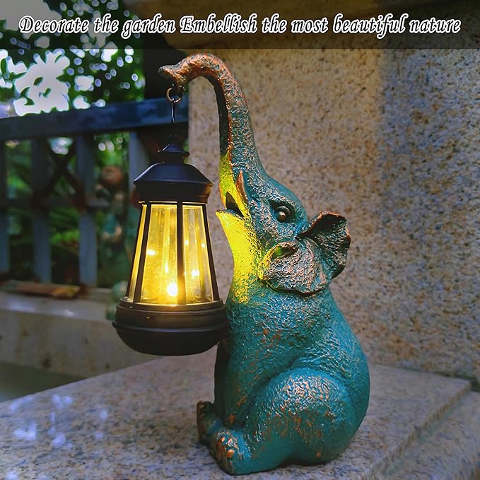 RCTTICUU Elephant Garden Statue Outdoor Décor with Solar Lights Lantern,Elephant Solar Light Figurines Outside Decorations for Yard，Lawn Patio, Balcony, Unique Housewarming Gifts