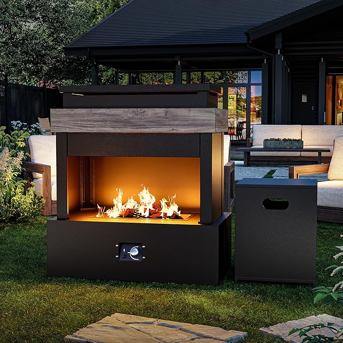Outdoor Propane Fireplace w Tank Table, 50,000 BTU Gas Fire Pit with Ceramic Logs, Rain Cover, 35 Inch Steel Metal Smokeless Fireplace for Patio, Deck, CSA Certified (35 x 40 Inch)