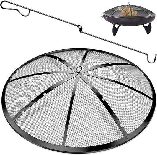 Fire Pit Spark Screen, 30Inch Fire Pit Lid Outdoor with Handle & Poker, Heavy-Duty Mesh Firepit Cove, 12 Reinforced Bars for Backyard/Beach/RV Camping