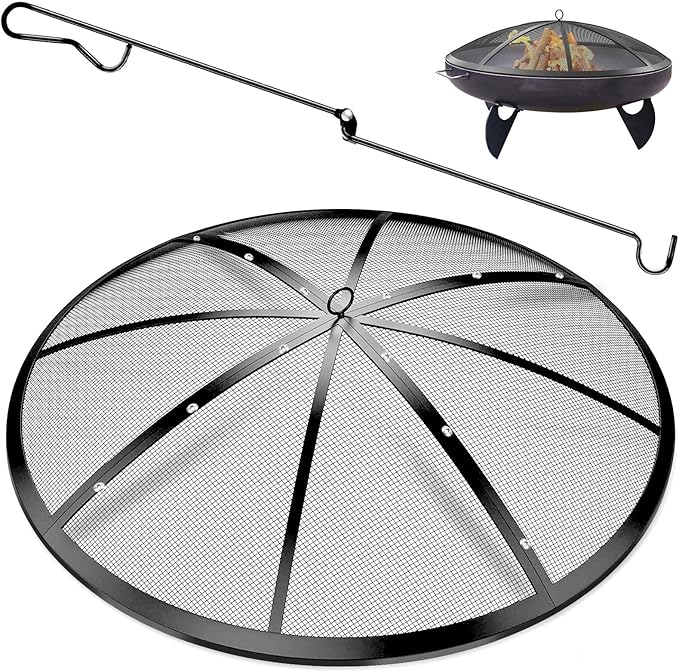 Fire Pit Spark Screen, 27Inch Fire Pit Lid Outdoor with Handle & Poker, Heavy-Duty Mesh Firepit Cove with 12 Reinforced Bars for Backyard/Beach/RV Camping